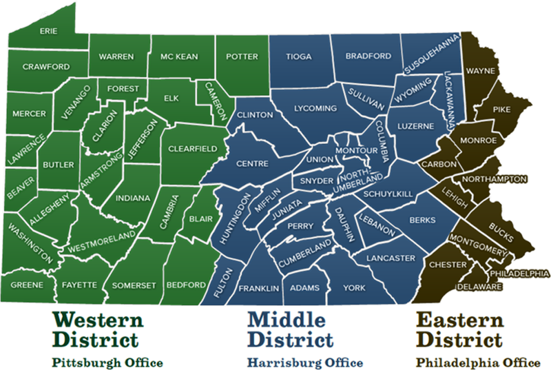 Map of Pennsylvania with counties color coded by Superior Court district.